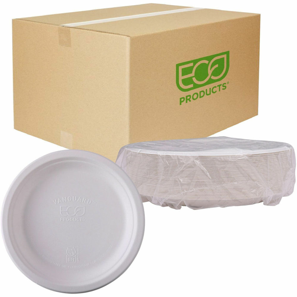 Eco-Products Vanguard 9" Sugarcane Plates - Breakroom - Disposable - Microwave Safe - 9" Diameter - White - Sugarcane Fiber Body - 500 / Carton