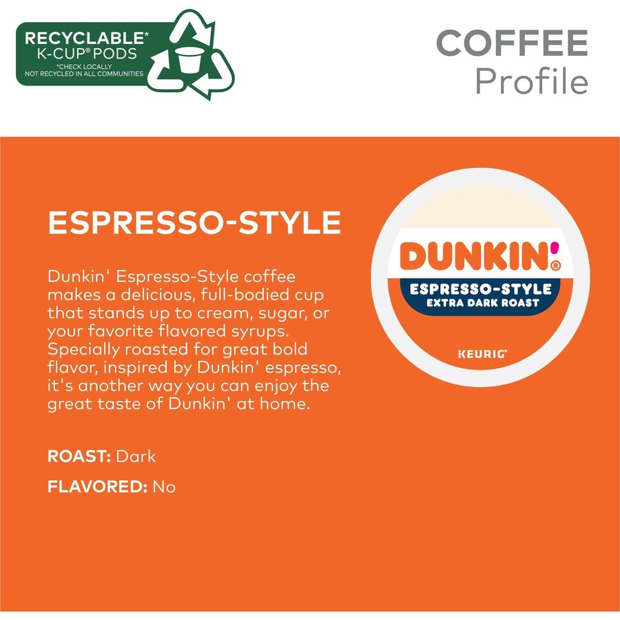 Dunkin'® K-Cup Espresso-Style Coffee - Compatible with Keurig Brewer - Extra Bold Dark - K-Cup - Espresso - 22 / Box
