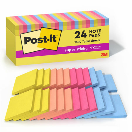 Post-it® Super Sticky Notes - 3" Flag/Note Width x 3" Flag/Note Length - Square - 70 Sheets per Pad - Summer Joy - Recyclable, Self-adhesive - 24 / Pack