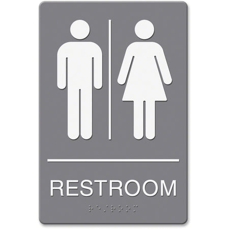 Headline Signs ADA RESTROOM/Image Sign - Print/Message "Restroom" - Double Sided - Adhesive, Braille - Plastic - White, Gray - 1 Each