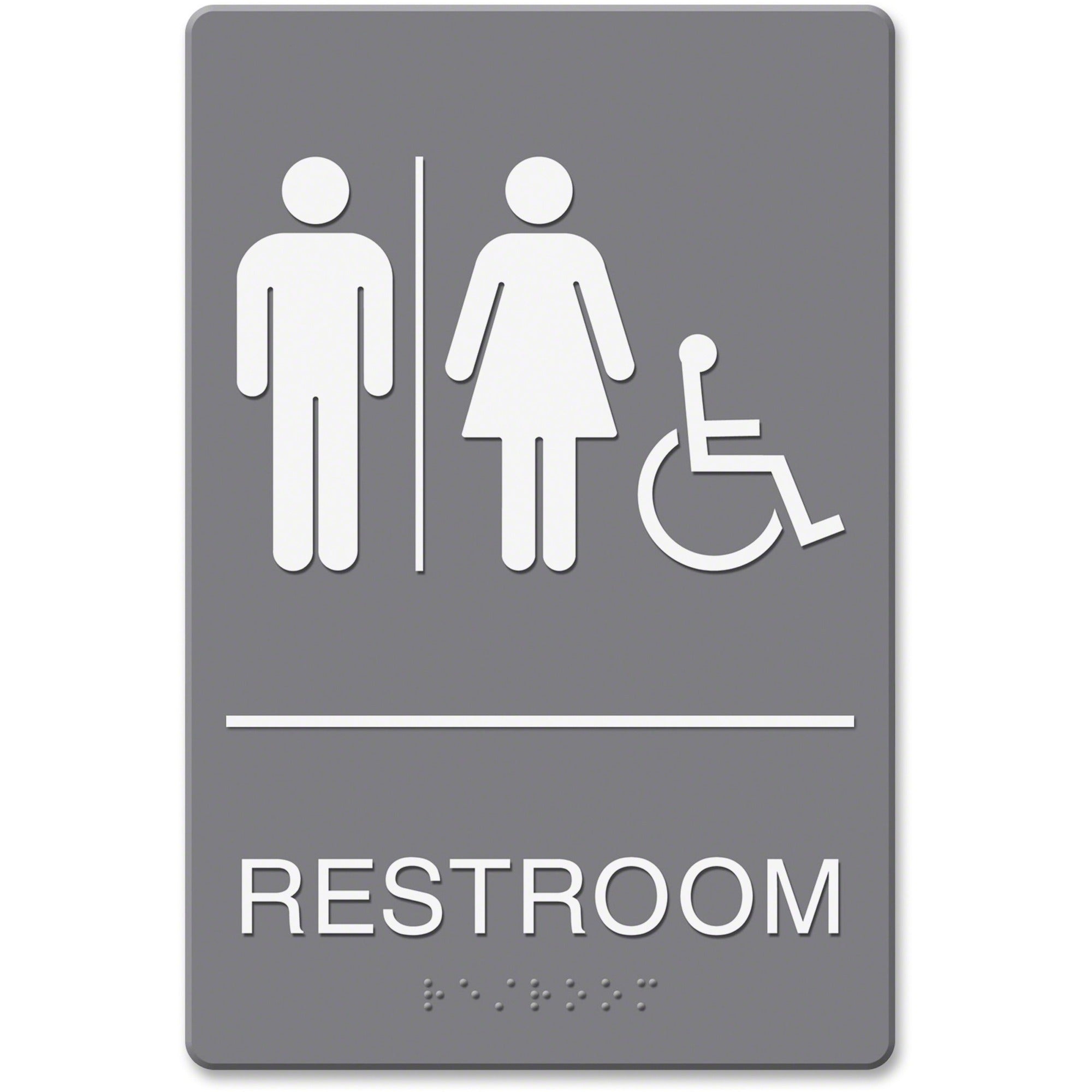 Headline Signs ADA Wheelchair/RESTROOM Image Sign - Print/Message "Restroom (Man/Woman/Wheelchair)" - Rectangular Shape - Adhesive, Braille - Plastic - White - 1 Each - TAA Compliant
