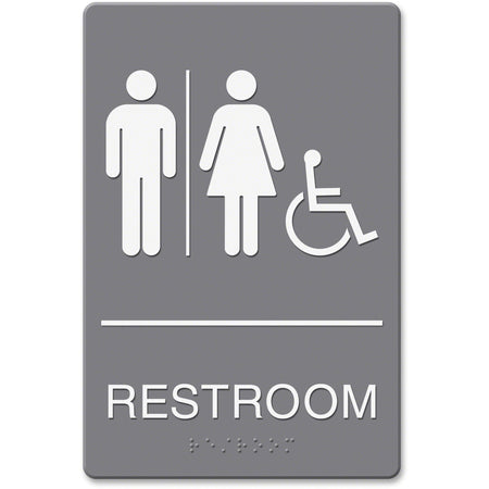 Headline Signs ADA Wheelchair/RESTROOM Image Sign - Print/Message "Restroom (Man/Woman/Wheelchair)" - Rectangular Shape - Adhesive, Braille - Plastic - White - 1 Each - TAA Compliant
