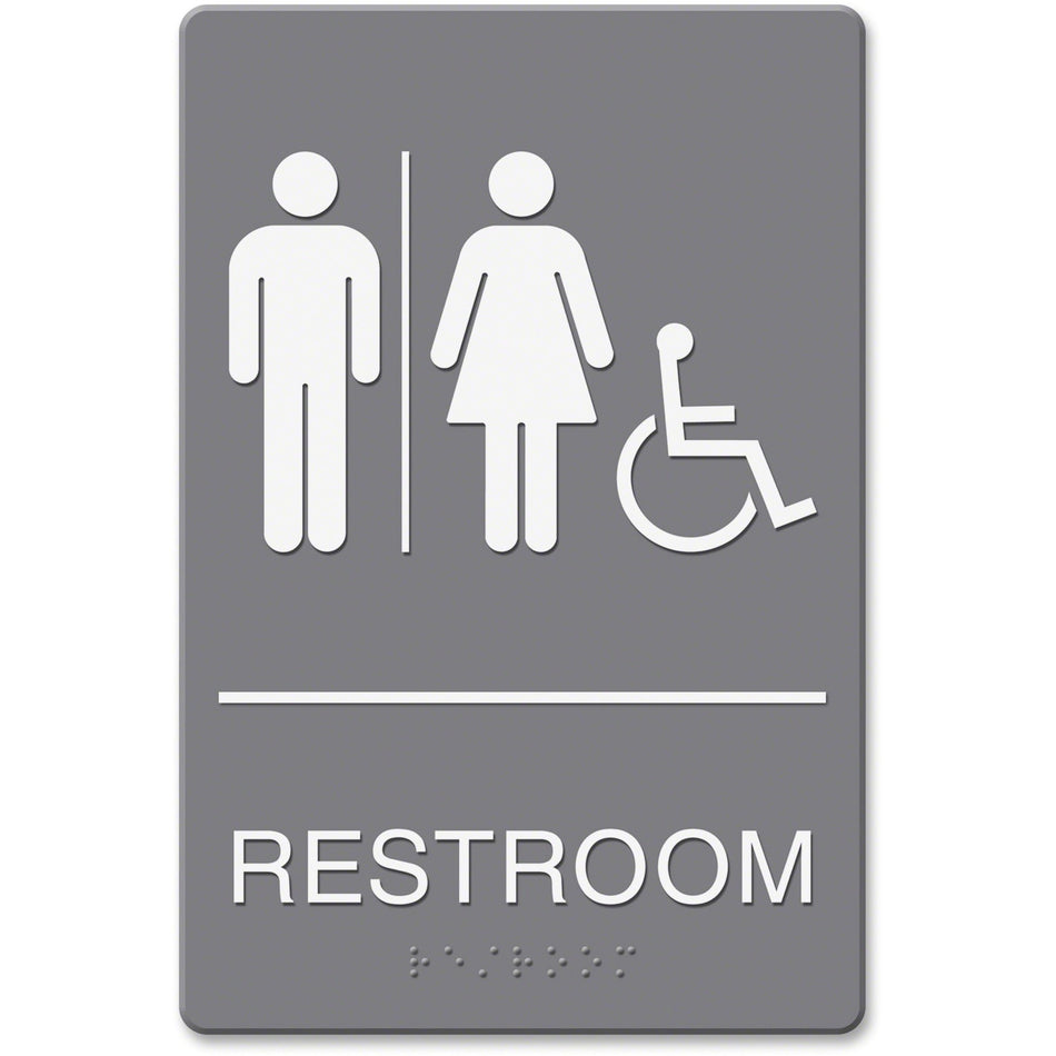 Headline Signs ADA Wheelchair/RESTROOM Image Sign - Print/Message "Restroom (Man/Woman/Wheelchair)" - Rectangular Shape - Adhesive, Braille - Plastic - White - 1 Each - TAA Compliant