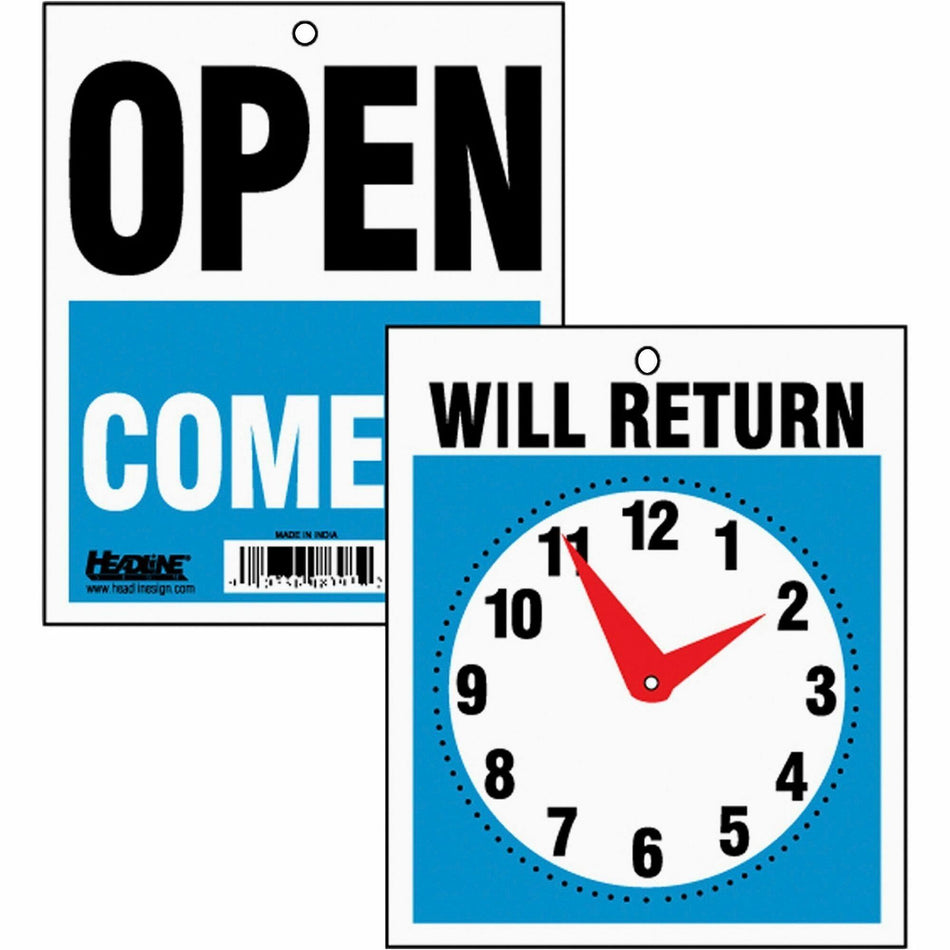 Headline Signs OPEN/WILL RETURN Time Sign - Print/Message "Open" , "Come In" , "Will Return" - 7.5" Width x 9" Depth - Rectangular Shape - Black, White Print/Message Color - Double Sided - Customizable Time - Plastic - Red, Multicolor - 1 Each