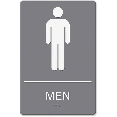 Headline Signs ADA MEN Restroom Sign - Print/Message "Men" - 6" Width x 9" Depth - Double Sided - Adhesive, Braille - Plastic - White, Gray - 1 Each