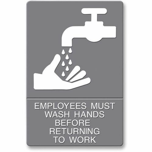 Headline Signs Employees Wash Hands Sign - Print/Message "EMPLOYEES MUST WASH HANDS BEFORE RETURNING TO WORK" - 6" Width x 9" Depth - Adhesive Backing, Durable, Pictogram - Plastic - White, Gray - 1 Each