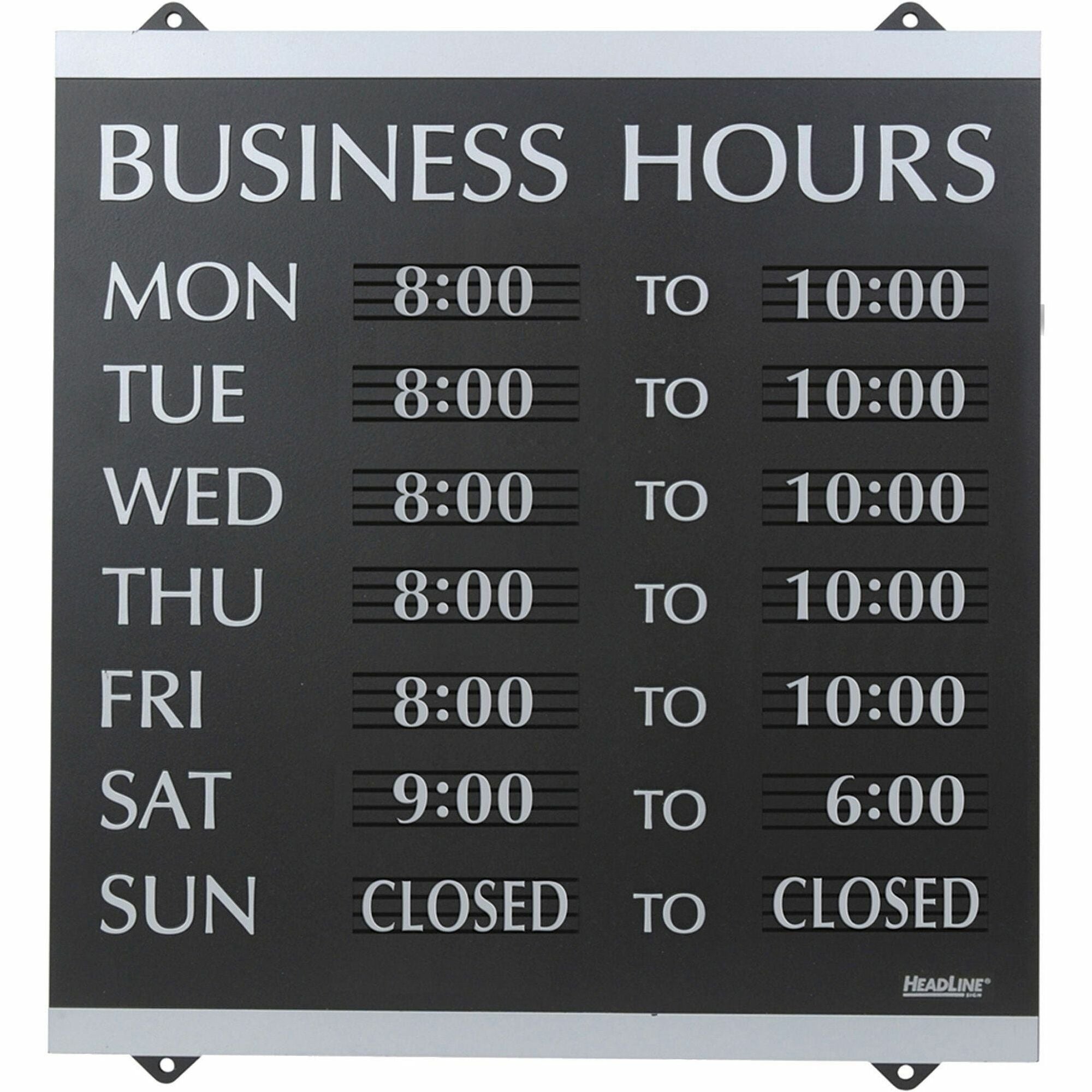 Headline Signs Business Hours Sign - Print/Message "Business Hours" - 14" Width x 13" Depth - Heavy Duty, Durable - Plastic - Black, Gray - 1 Each