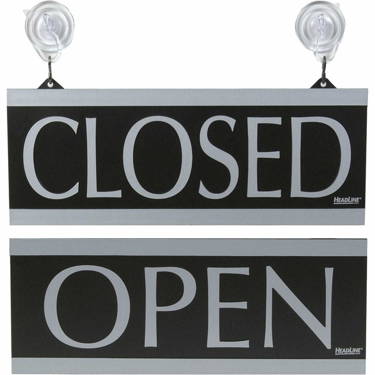 Headline Signs Century Series OPEN/CLOSED Sign - Print/Message "Open/Closed" - 13" Width x 5" Depth - Silver Print/Message Color - Double Sided - Reversible, Suction Cup - Gray - 1 Each