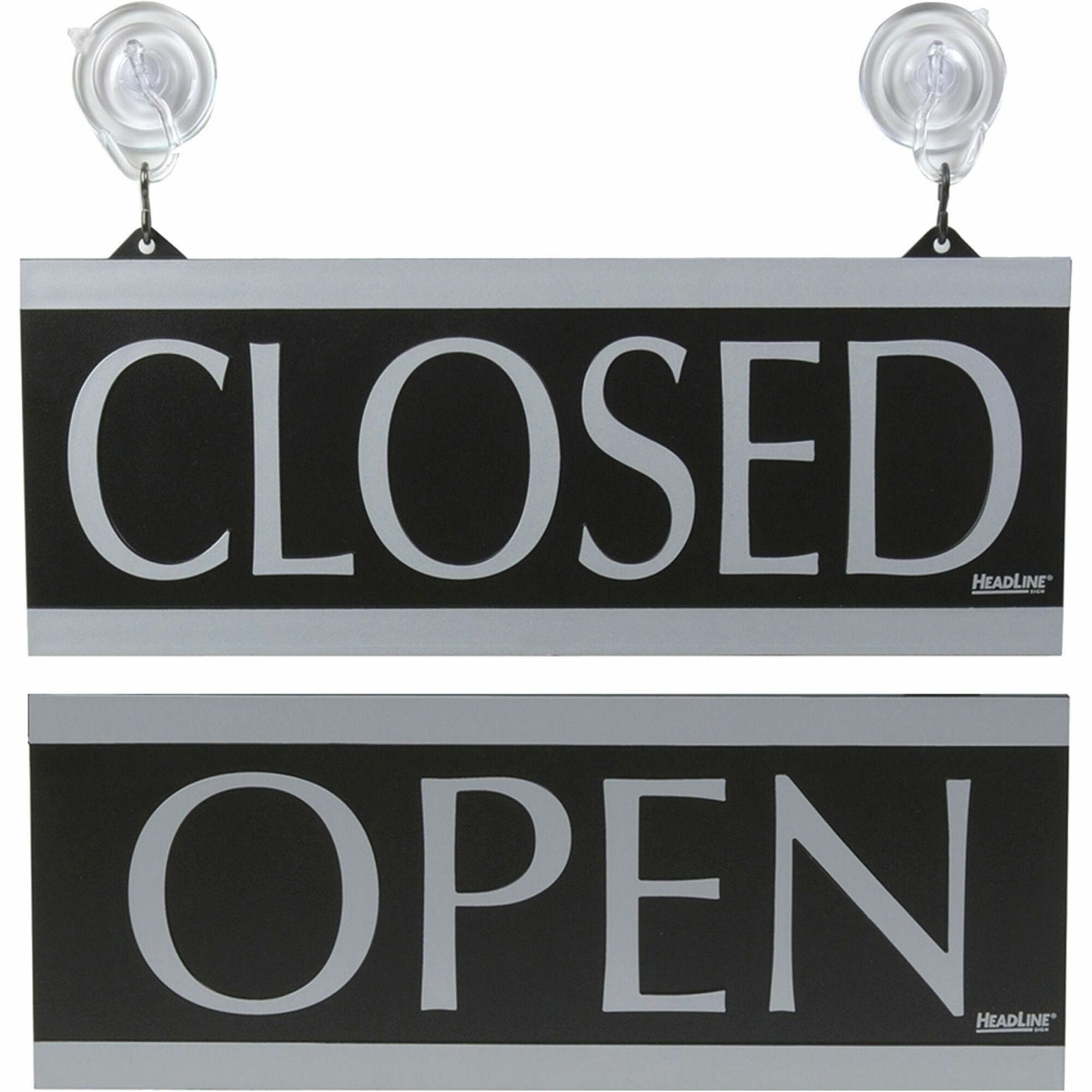 Headline Signs Century Series OPEN/CLOSED Sign - Print/Message "Open/Closed" - 13" Width x 5" Depth - Silver Print/Message Color - Double Sided - Reversible, Suction Cup - Gray - 1 Each
