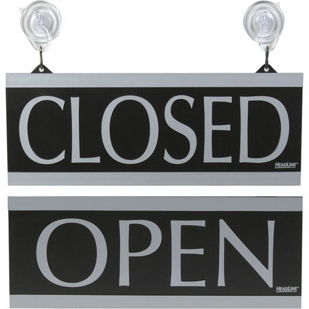 Headline Signs Century Series OPEN/CLOSED Sign - Print/Message "Open/Closed" - 13" Width x 5" Depth - Silver Print/Message Color - Double Sided - Reversible, Suction Cup - Gray - 1 Each