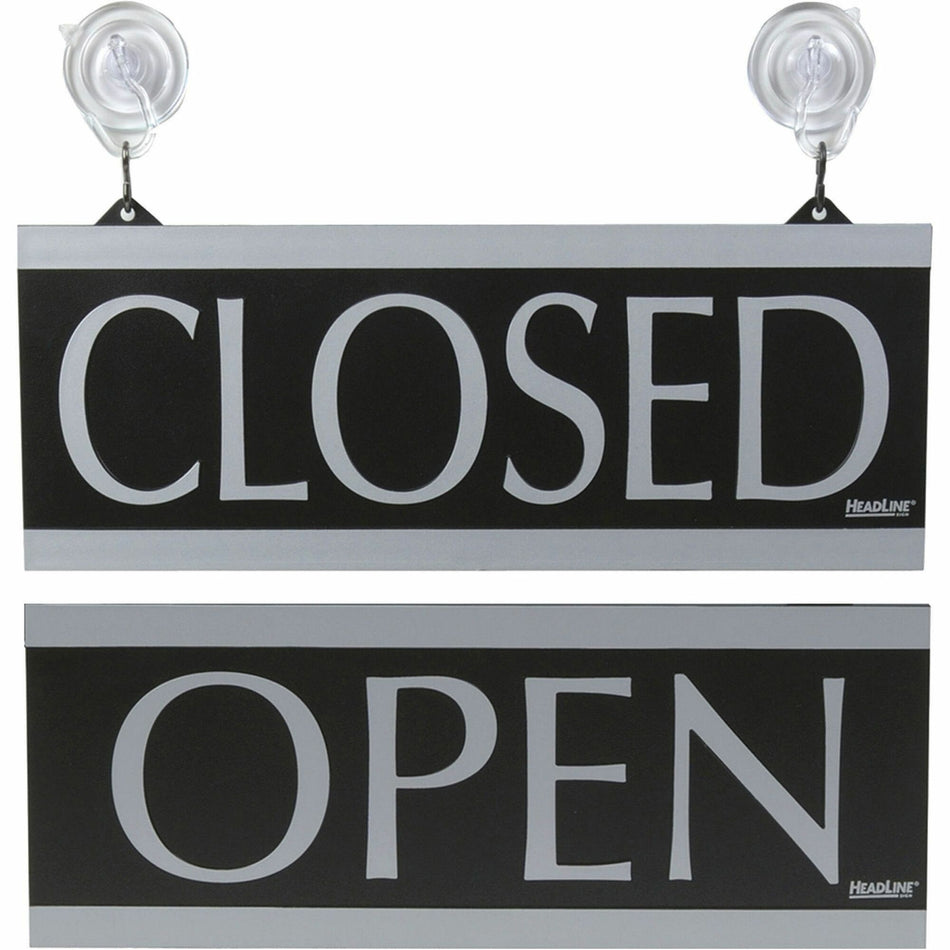 Headline Signs Century Series OPEN/CLOSED Sign - Print/Message "Open/Closed" - 13" Width x 5" Depth - Silver Print/Message Color - Double Sided - Reversible, Suction Cup - Gray - 1 Each