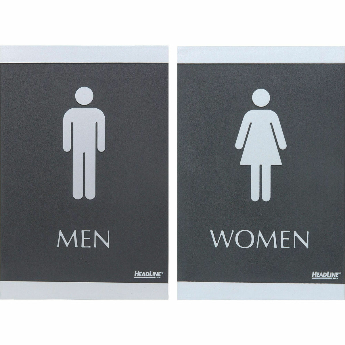 Headline Signs ADA MEN/WOMEN Restroom Sign - Print/Message "Men" , "Women" - 6" Width x 9" Depth - Rectangular Shape - Silver Print/Message Color - Adhesive Backing, Durable, Pictogram, Self-adhesive, Braille - Plastic - Black, Gray - 2 / Set