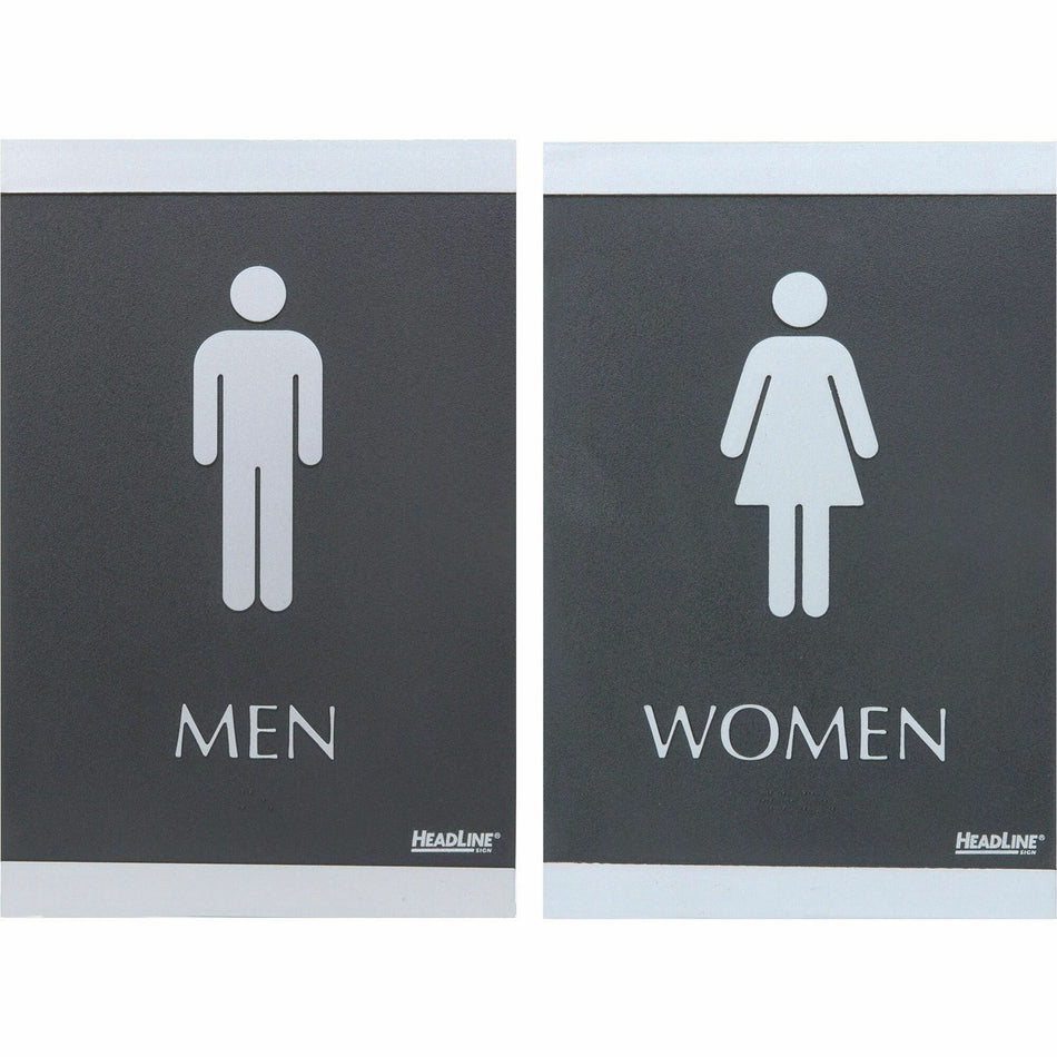 Headline Signs ADA MEN/WOMEN Restroom Sign - Print/Message "Men" , "Women" - 6" Width x 9" Depth - Rectangular Shape - Silver Print/Message Color - Adhesive Backing, Durable, Pictogram, Self-adhesive, Braille - Plastic - Black, Gray - 2 / Set