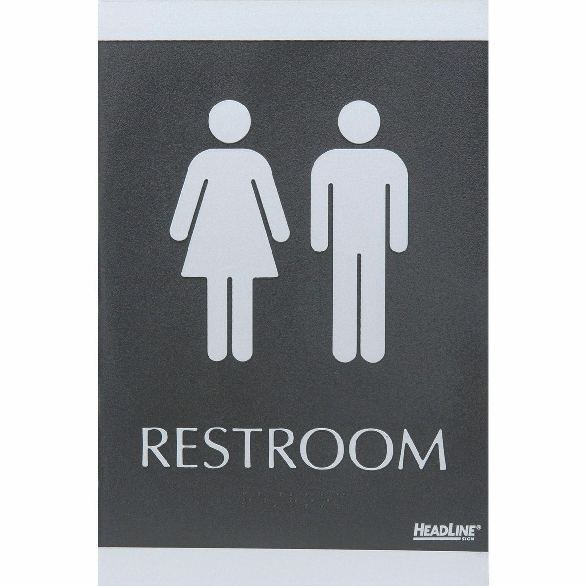 Headline Signs ADA RESTROOM Sign - Print/Message "Restroom" - 6" Width x 9" Depth - Rectangular Shape - Silver Print/Message Color - Adhesive Backing, Durable, Pictogram, Self-adhesive, Braille - Plastic - Black, Gray - 1 Each