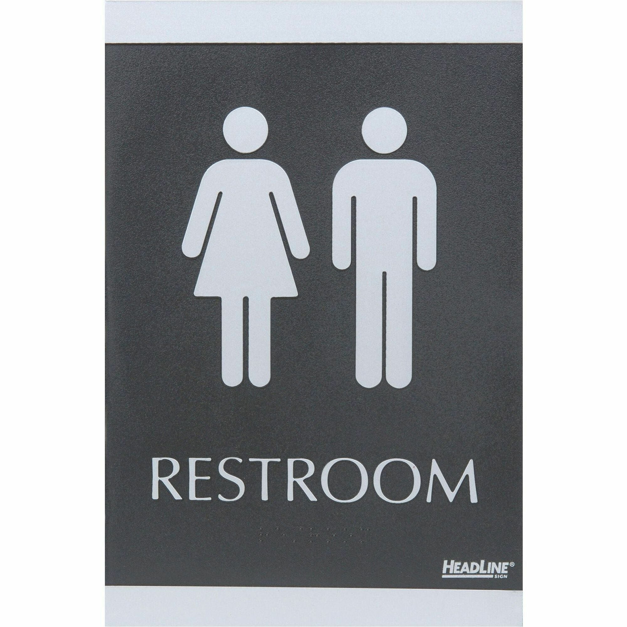 Headline Signs ADA RESTROOM Sign - Print/Message "Restroom" - 6" Width x 9" Depth - Rectangular Shape - Silver Print/Message Color - Adhesive Backing, Durable, Pictogram, Self-adhesive, Braille - Plastic - Black, Gray - 1 Each
