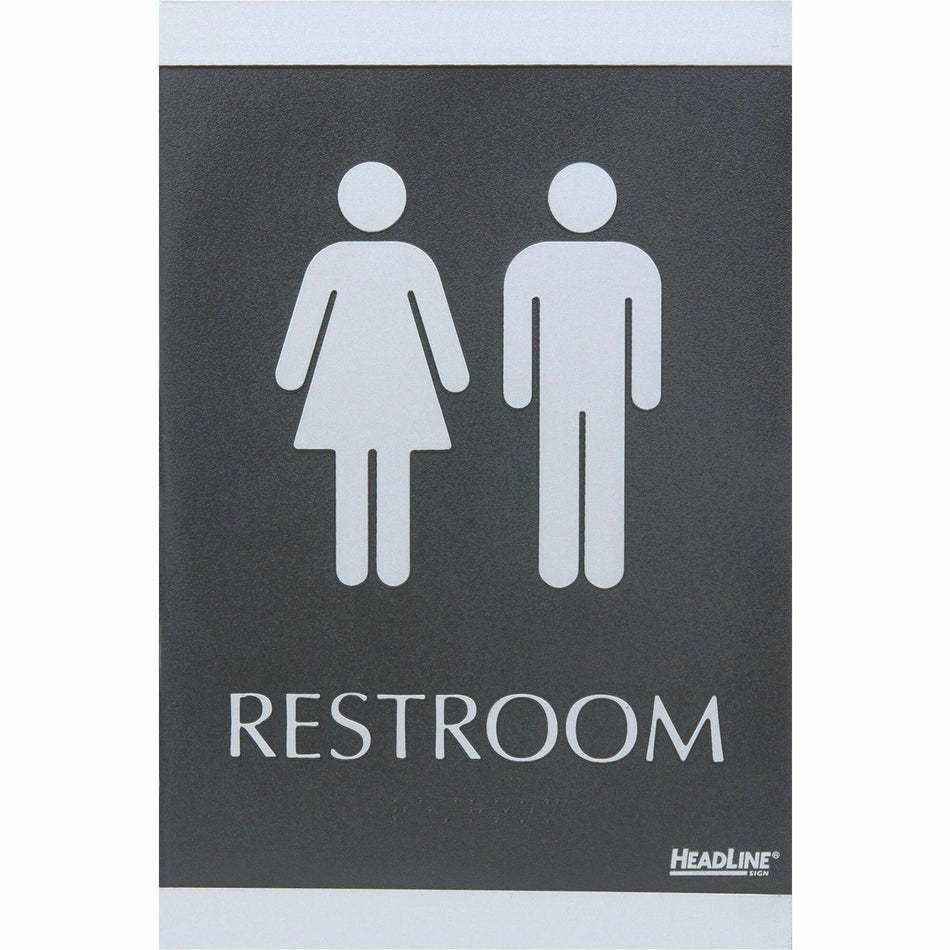 Headline Signs ADA RESTROOM Sign - Print/Message "Restroom" - 6" Width x 9" Depth - Rectangular Shape - Silver Print/Message Color - Adhesive Backing, Durable, Pictogram, Self-adhesive, Braille - Plastic - Black, Gray - 1 Each