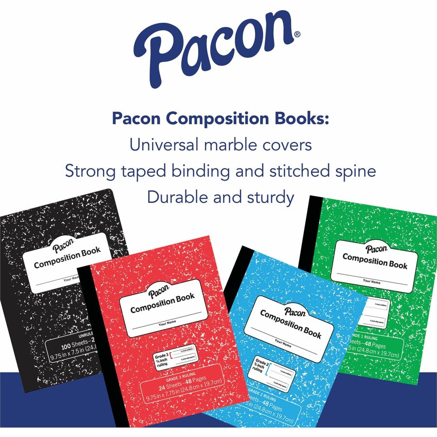 Pacon Composition Book - 24 Sheets - 48 Pages - 9.8" Width x 7.5" Depth - Blue Marble Cover - Durable Cover, Soft Cover - 1 Each