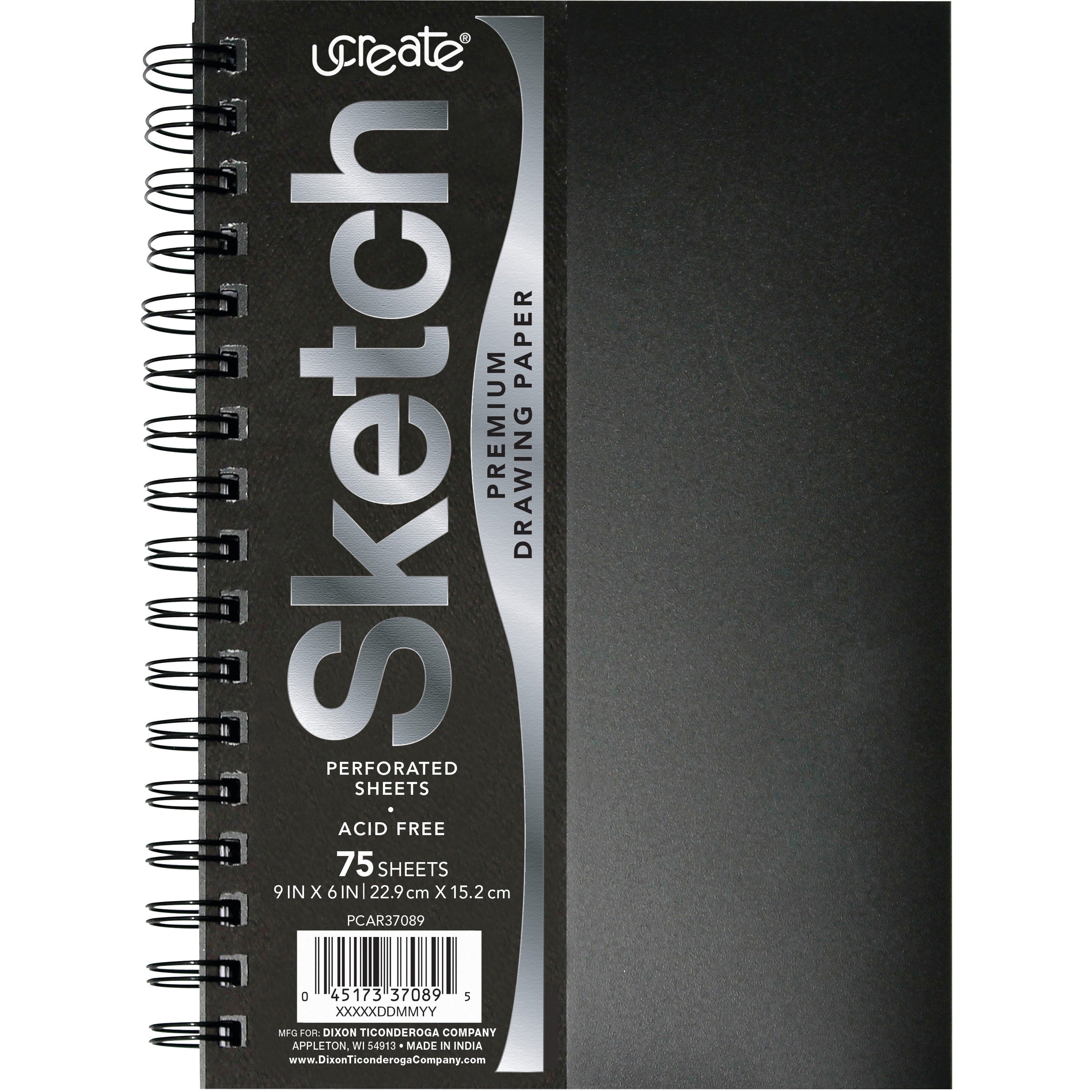 UCreate Poly Cover Sketch Book - 75 Sheets - Spiral - 70 lb Basis Weight - 9" Width x 6" Depth - Black Polyurethane Cover - Heavyweight, Acid-free Paper, Durable Cover, Perforated - 1 Each