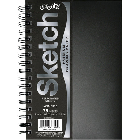 UCreate Poly Cover Sketch Book - 75 Sheets - Spiral - 70 lb Basis Weight - 9" Width x 6" Depth - Black Polyurethane Cover - Heavyweight, Acid-free Paper, Durable Cover, Perforated - 1 Each