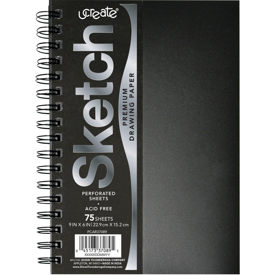 UCreate Poly Cover Sketch Book - 75 Sheets - Spiral - 70 lb Basis Weight - 9" Width x 6" Depth - Black Polyurethane Cover - Heavyweight, Acid-free Paper, Durable Cover, Perforated - 1 Each