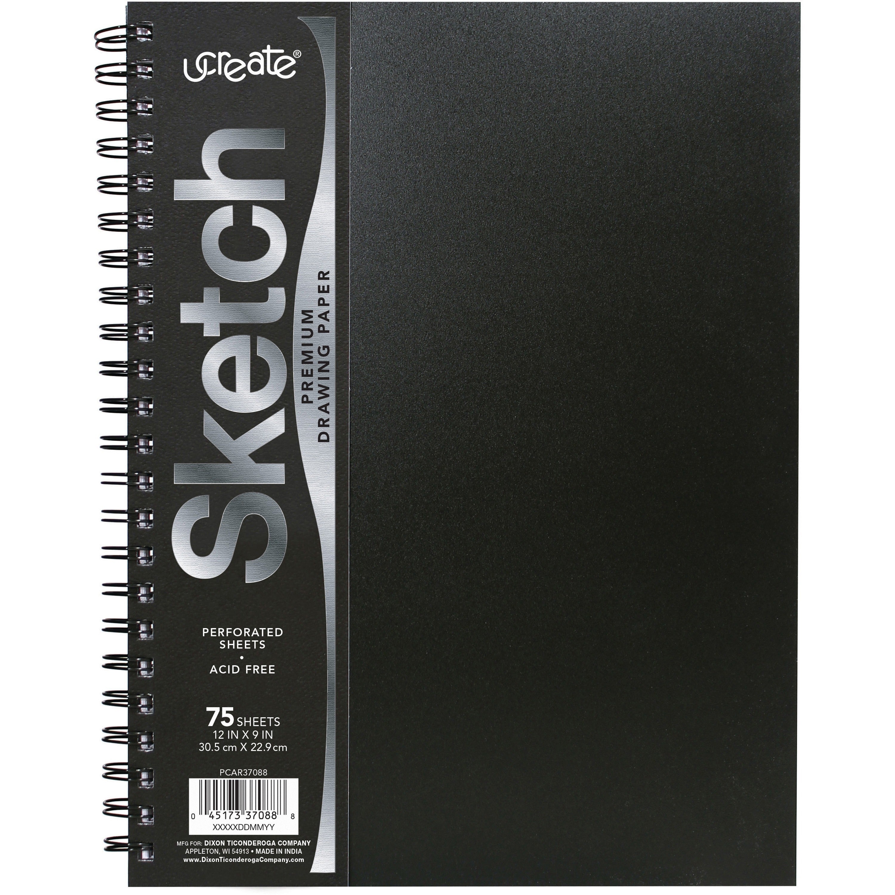 UCreate Poly Cover Sketch Book - 75 Sheets - Spiral - 70 lb Basis Weight - 12" x 9" Sheet Size - 12" Width x 9" Depth - Black Polyurethane Cover - Heavyweight, Acid-free Paper, Durable Cover, Perforated - 1 Each