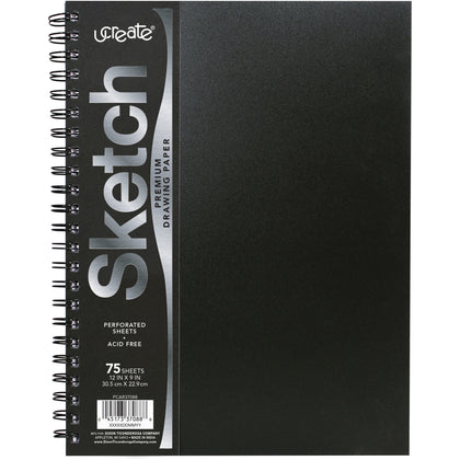UCreate Poly Cover Sketch Book - 75 Sheets - Spiral - 70 lb Basis Weight - 12" x 9" Sheet Size - 12" Width x 9" Depth - Black Polyurethane Cover - Heavyweight, Acid-free Paper, Durable Cover, Perforated - 1 Each