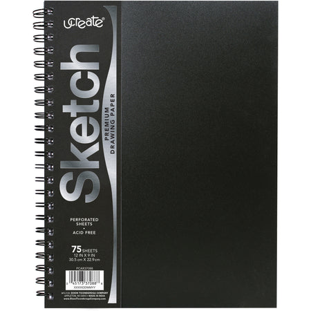 UCreate Poly Cover Sketch Book - 75 Sheets - Spiral - 70 lb Basis Weight - 12" x 9" Sheet Size - 12" Width x 9" Depth - Black Polyurethane Cover - Heavyweight, Acid-free Paper, Durable Cover, Perforated - 1 Each