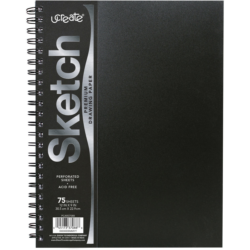 UCreate Poly Cover Sketch Book - 75 Sheets - Spiral - 70 lb Basis Weight - 12" x 9" Sheet Size - 12" Width x 9" Depth - Black Polyurethane Cover - Heavyweight, Acid-free Paper, Durable Cover, Perforated - 1 Each