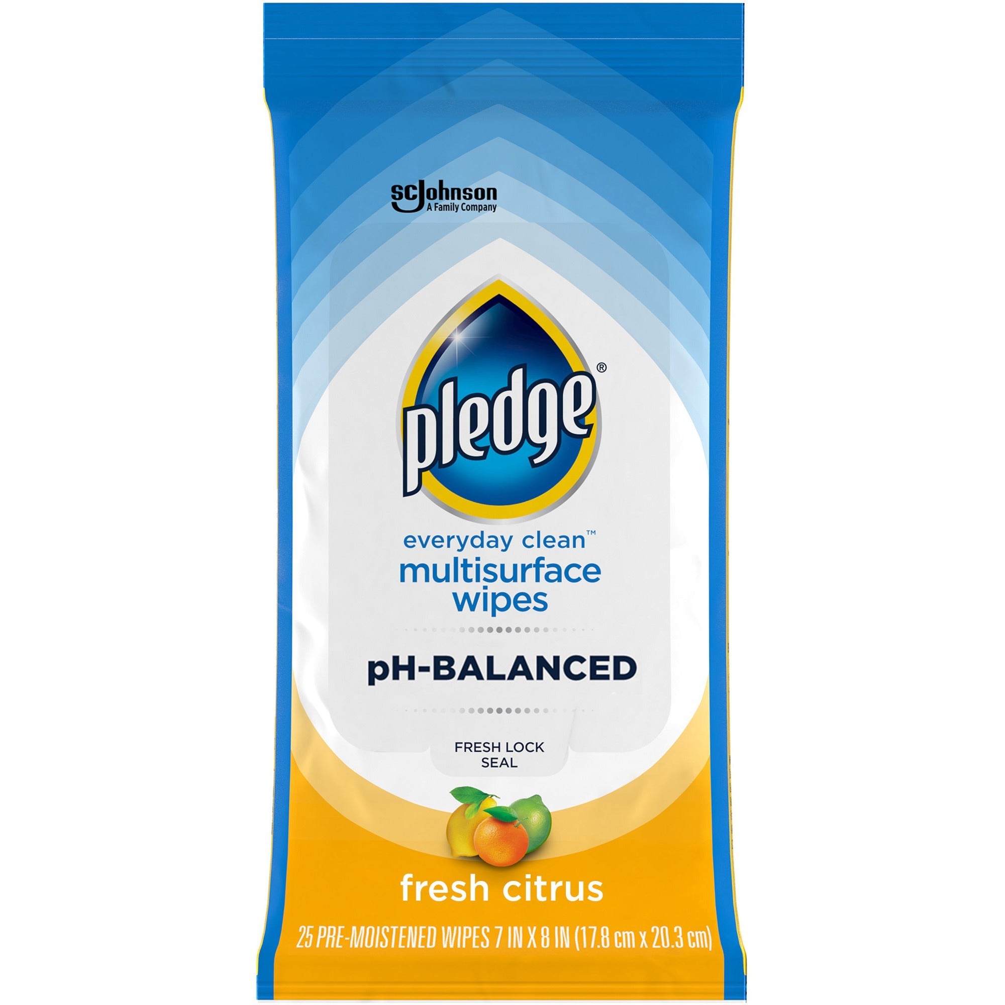 Pledge pH Balanced Multisurface Wipes - Fresh Citrus Scent - pH Balanced, Streak-free, Residue-free - Blue - 25/Packet - 1 Each