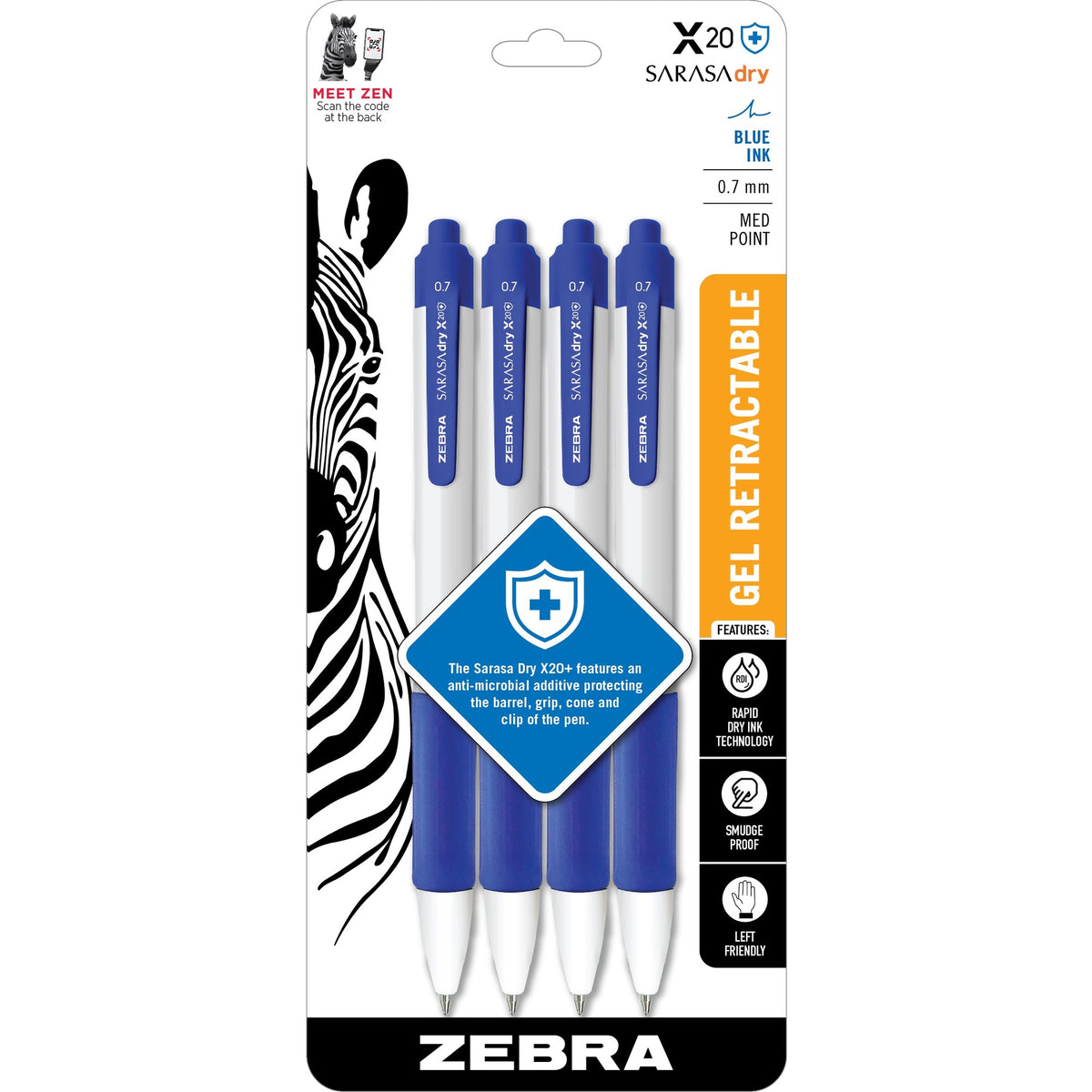 Zebra SARASA dry X20+ Retractable Gel Pen - 0.7 mm Medium Pen Point - Retractable - Blue Ink - Gel-based - Plastic Barrel - 4 / Pack