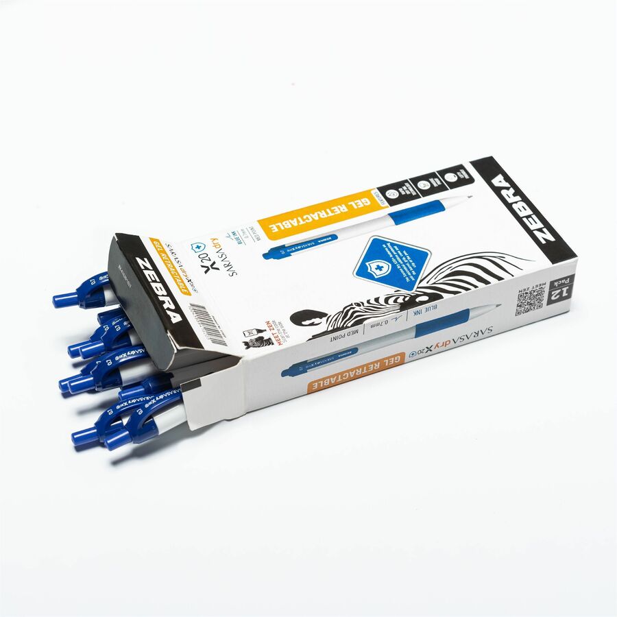 Zebra SARASA dry X20+ Gel Retractable RDI - 0.7 mm Medium Conical Pen Point - Retractable - Blue Ink - Gel-based - White Plastic Barrel - Writing, Document, Classroom, Home, Office - 12 / Pack