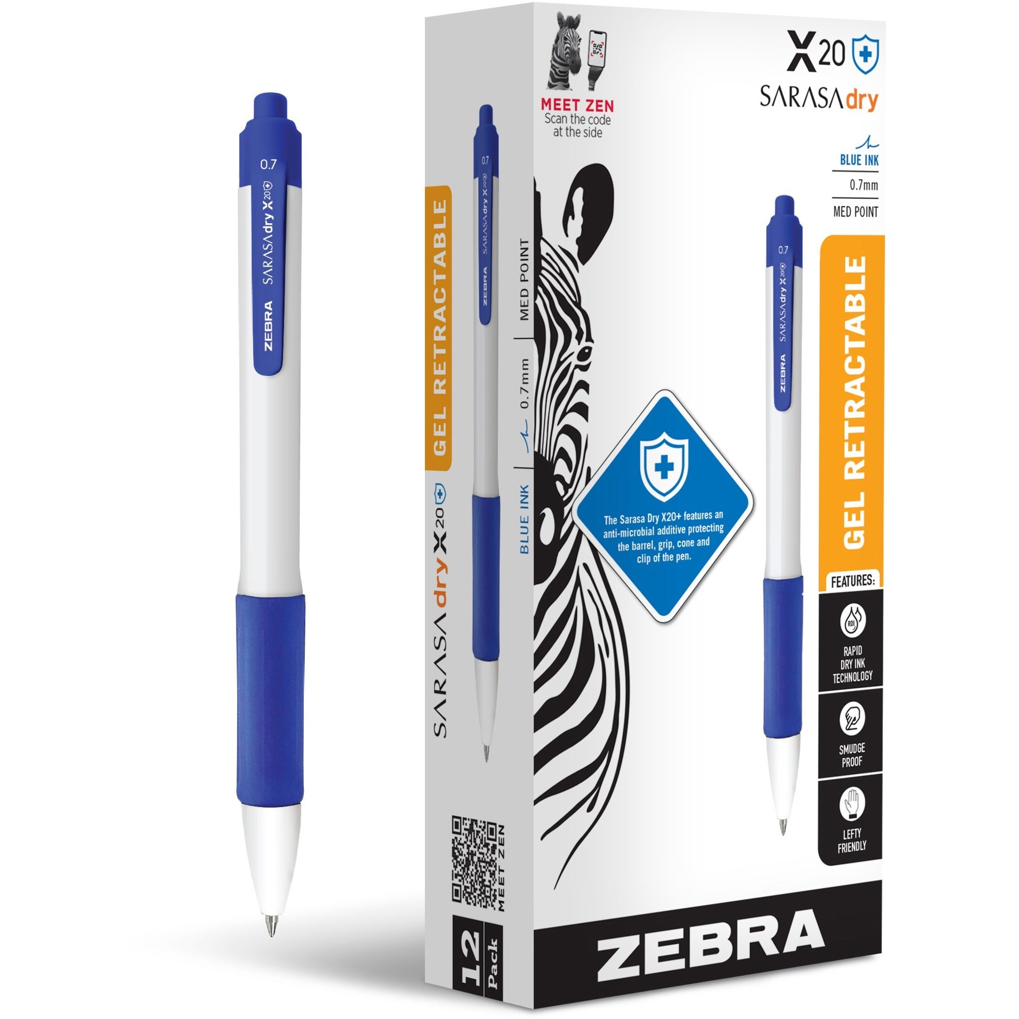 Zebra SARASA dry X20+ Gel Retractable RDI - 0.7 mm Medium Conical Pen Point - Retractable - Blue Ink - Gel-based - White Plastic Barrel - Writing, Document, Classroom, Home, Office - 12 / Pack