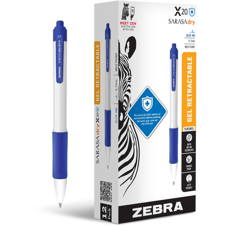 Zebra SARASA dry X20+ Gel Retractable RDI - 0.7 mm Medium Conical Pen Point - Retractable - Blue Ink - Gel-based - White Plastic Barrel - Writing, Document, Classroom, Home, Office - 12 / Pack