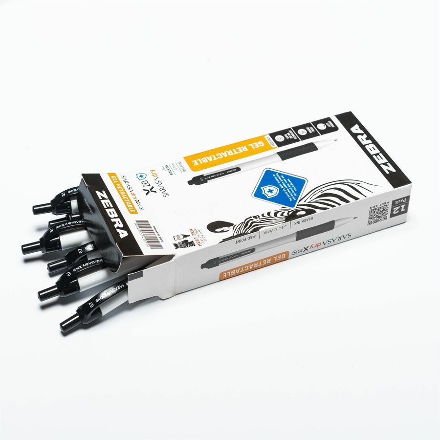 Zebra SARASA dry X20+ Gel Retractable RDI - 0.7 mm Medium Conical Pen Point - Retractable - Black Ink - Gel-based - White Plastic Barrel - Writing, Document, Classroom, Home, Office - 12 / Pack