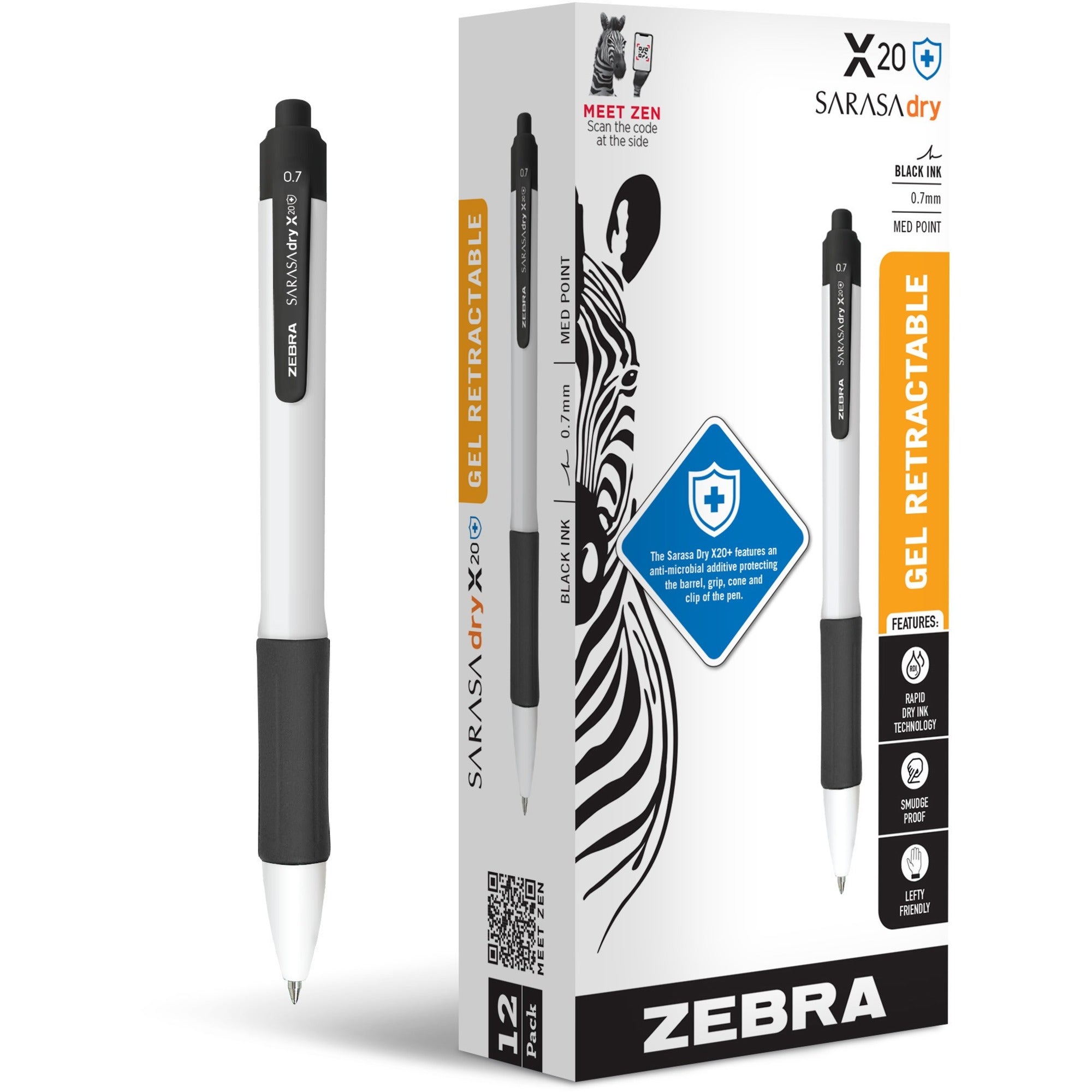 Zebra SARASA dry X20+ Gel Retractable RDI - 0.7 mm Medium Conical Pen Point - Retractable - Black Ink - Gel-based - White Plastic Barrel - Writing, Document, Classroom, Home, Office - 12 / Pack