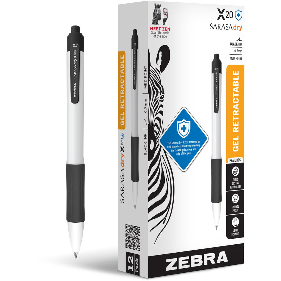 Zebra SARASA dry X20+ Gel Retractable RDI - 0.7 mm Medium Conical Pen Point - Retractable - Black Ink - Gel-based - White Plastic Barrel - Writing, Document, Classroom, Home, Office - 12 / Pack