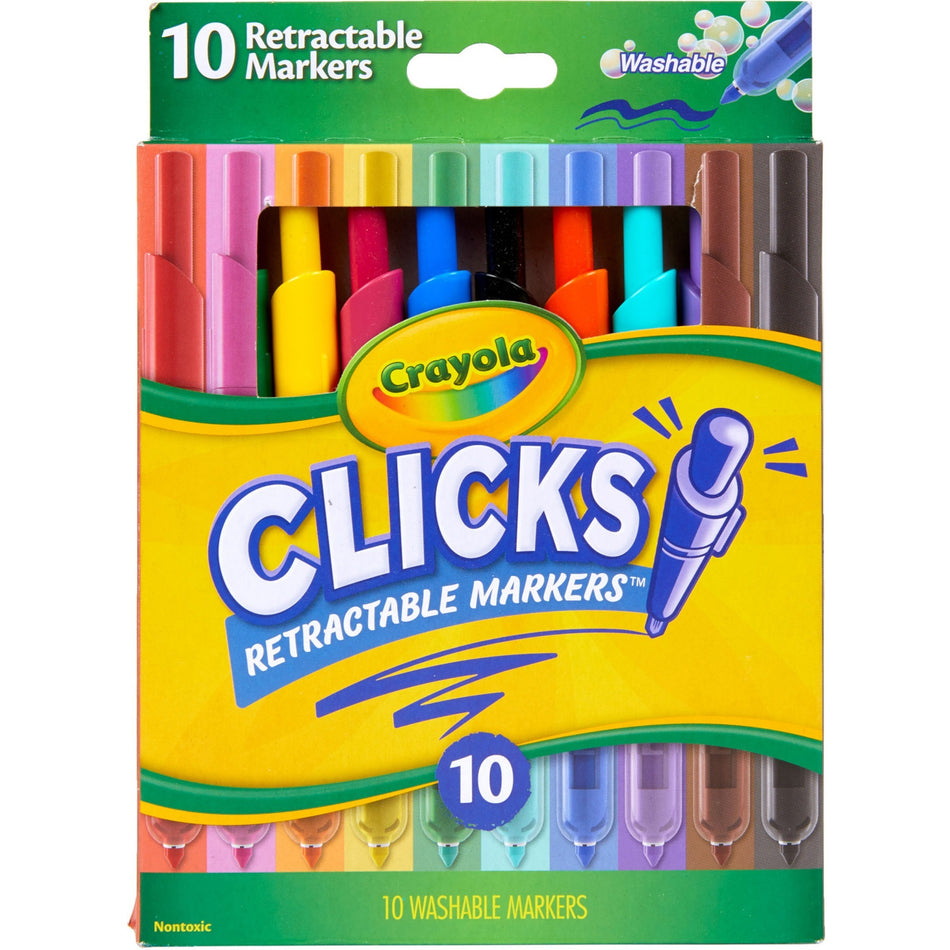Crayola Marker - 4 mm Chisel, Conical Marker Point - Retractable - Washable - Assorted Ink - Water Based - Assorted Plastic Barrel - 10 / Pack