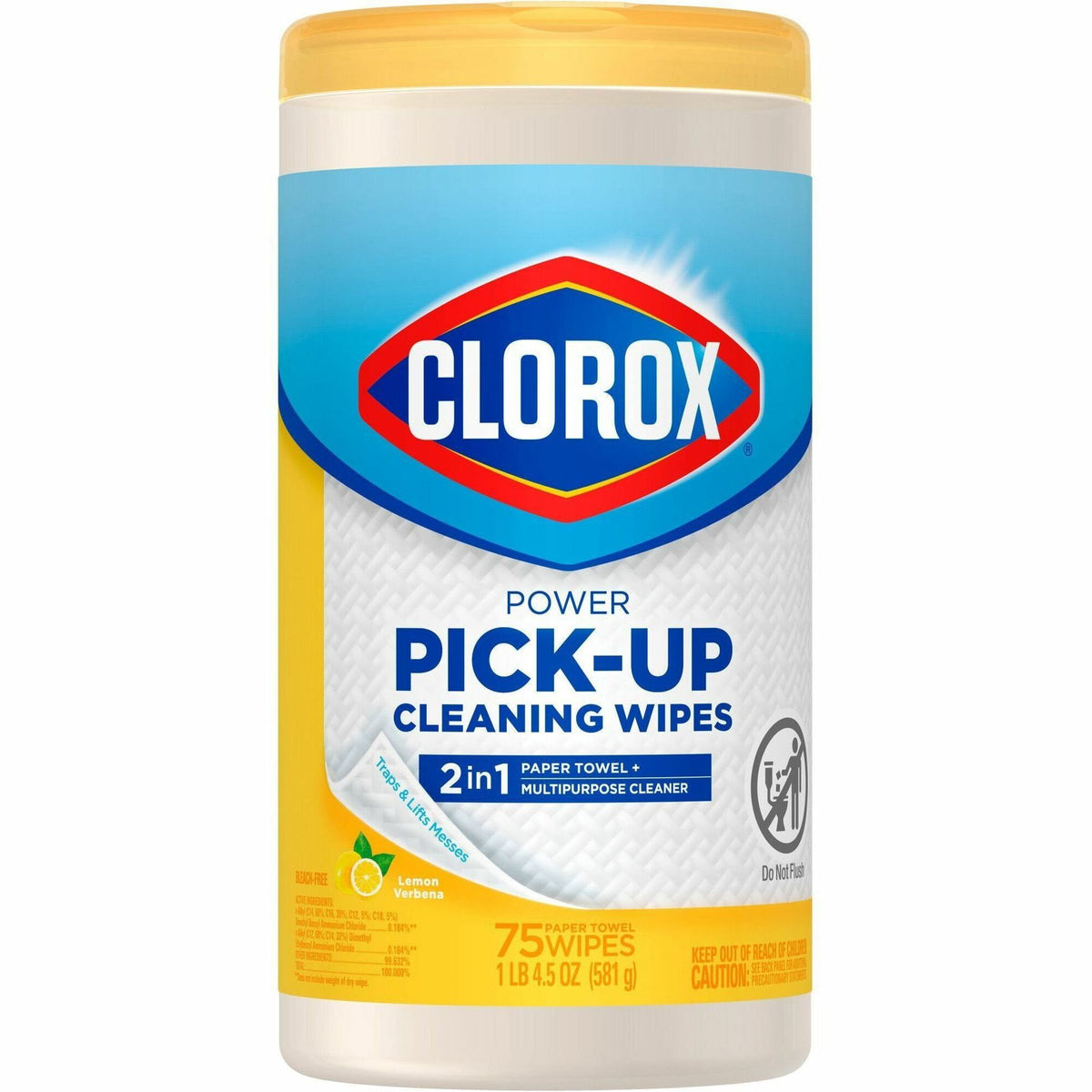 Clorox Power Pick-Up Cleaning Wipes - Lemon Verbena Scent - Pre-moistened, Textured, Residue-free - White - 75 Tub - 1 Each