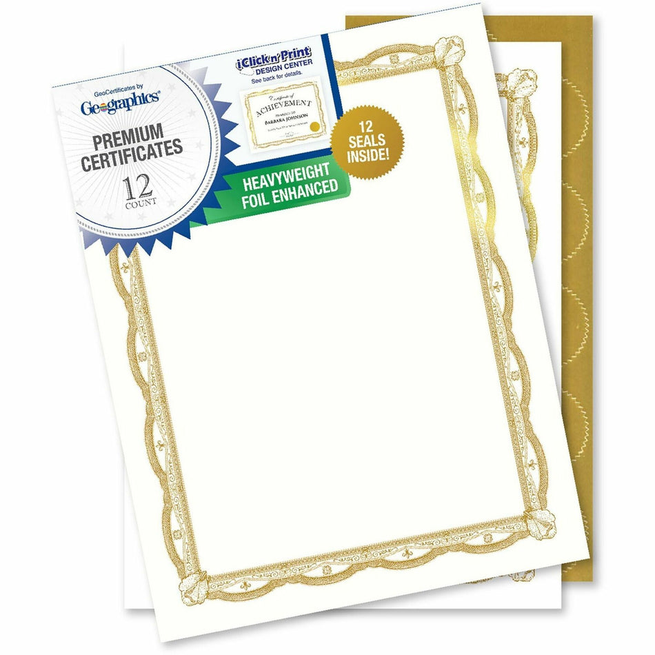 Geographics Premium Certificates with Gold Seals - 65 lb Basis Weight - 11" Width - Inkjet Compatible - Gold, Assorted, Multicolor with Gold Border - Card Stock, Foil - 12 / Pack