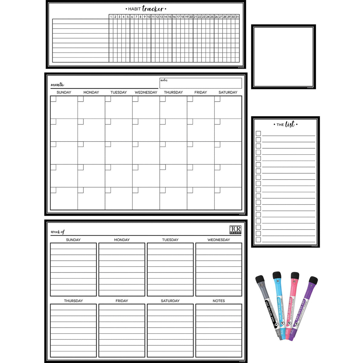 Teacher Created Resources Black & White Dry-Erase Magnetic Calendar Set - Black, White - 1 / Pack