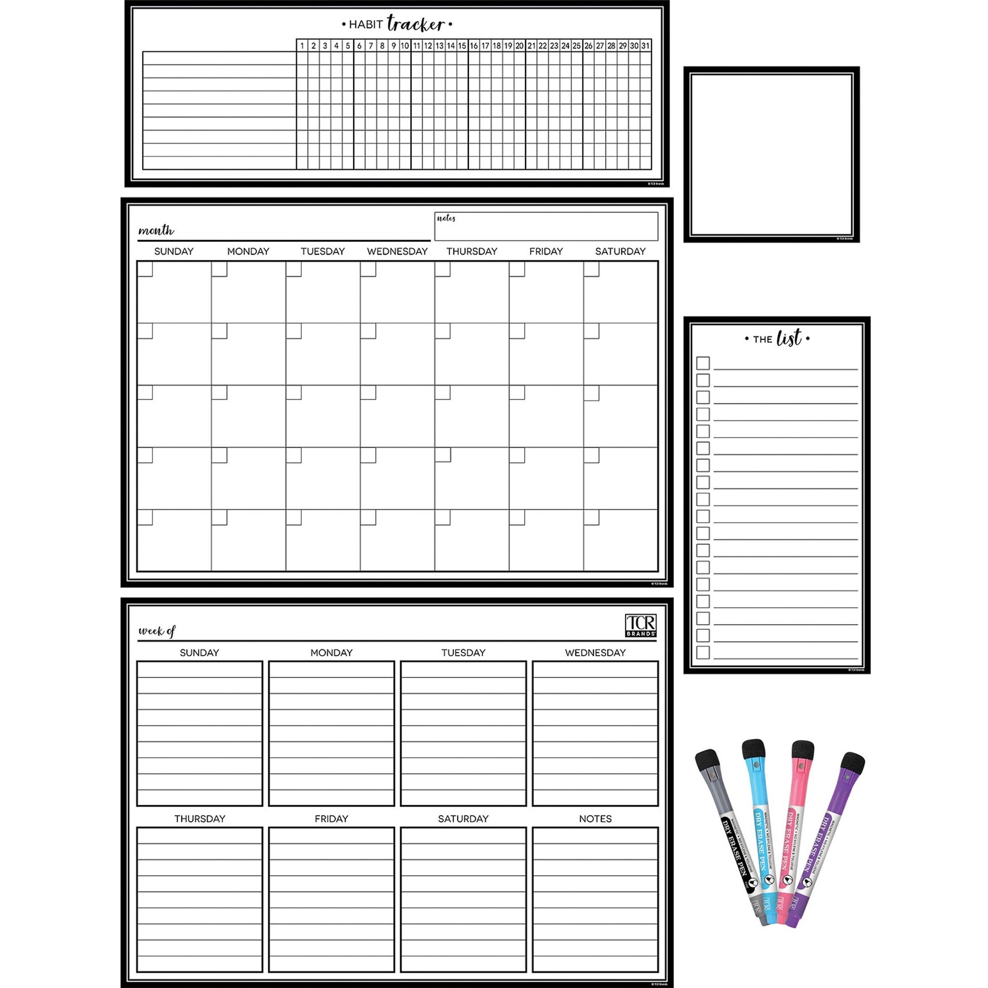 Teacher Created Resources Black & White Dry-Erase Magnetic Calendar Set - Black, White - 1 / Pack