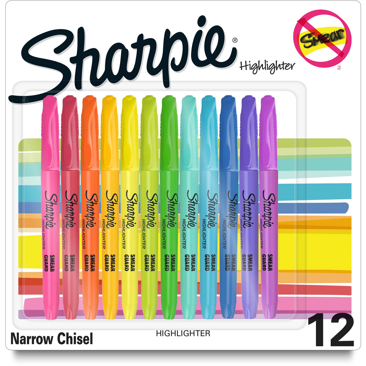 Sharpie Accent Highlighters w/Smear Guard - Chisel Marker Point - Assorted Ink - Dry - 12 / Pack