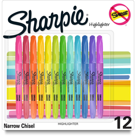 Sharpie Accent Highlighters w/Smear Guard - Chisel Marker Point - Assorted Ink - Dry - 12 / Pack