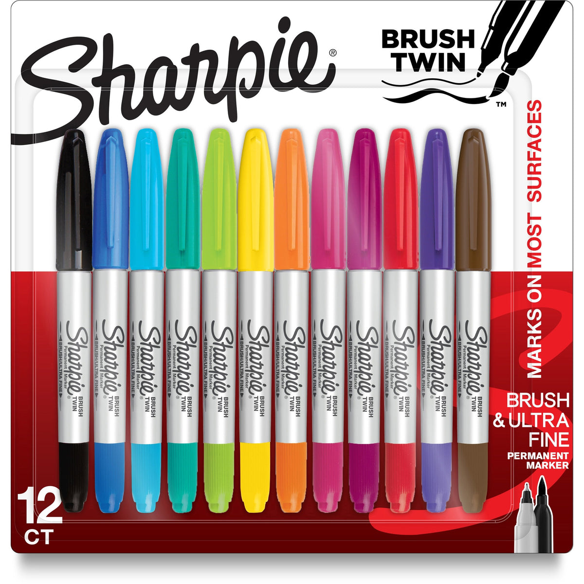 Sharpie Brush Twin Permanent Markers - Ultra Fine Brush Marker Point - Assorted Ink - 12 / Pack