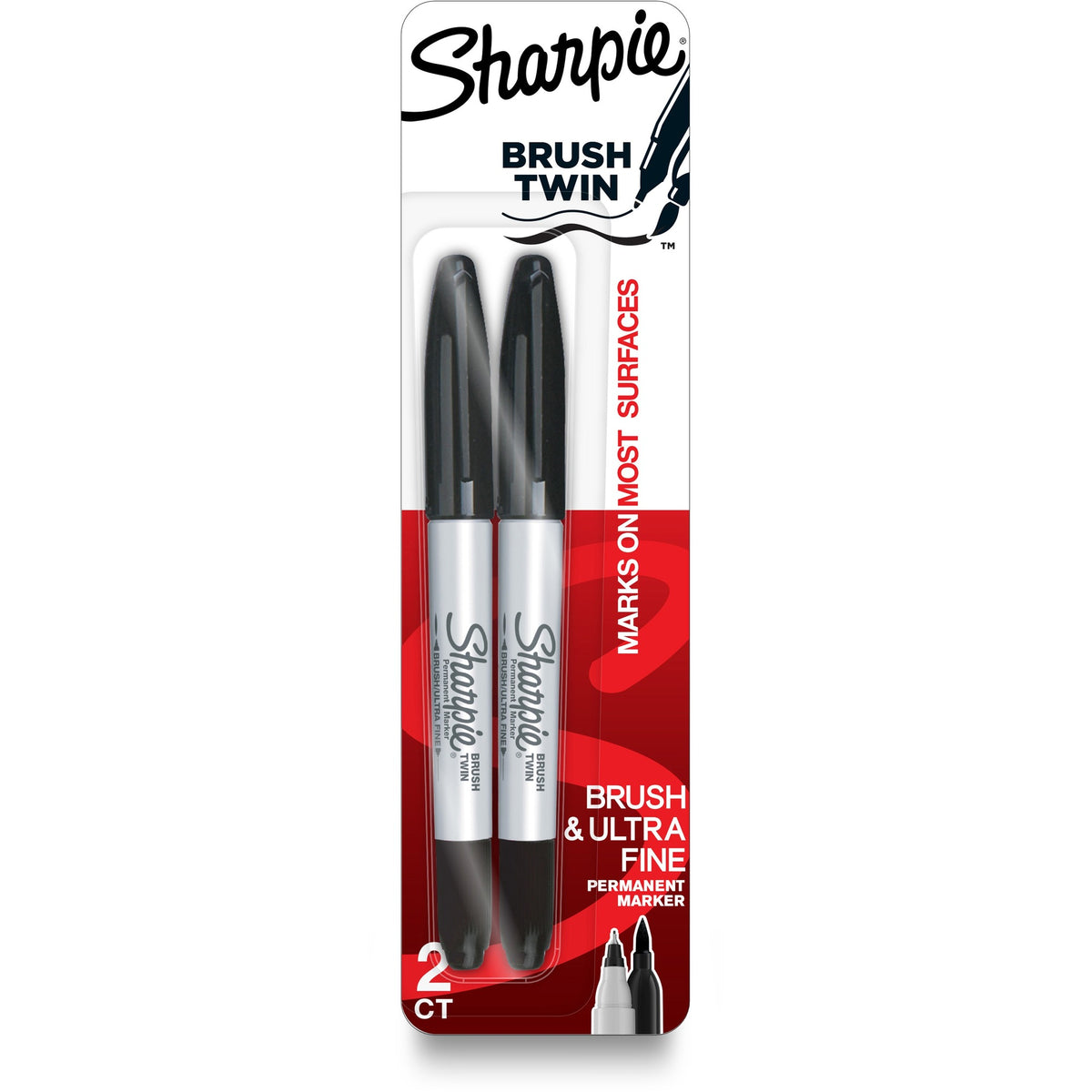 Sharpie Brush Twin Permanent Markers - Ultra Fine Brush Marker Point - Black Ink - 2 / Pack