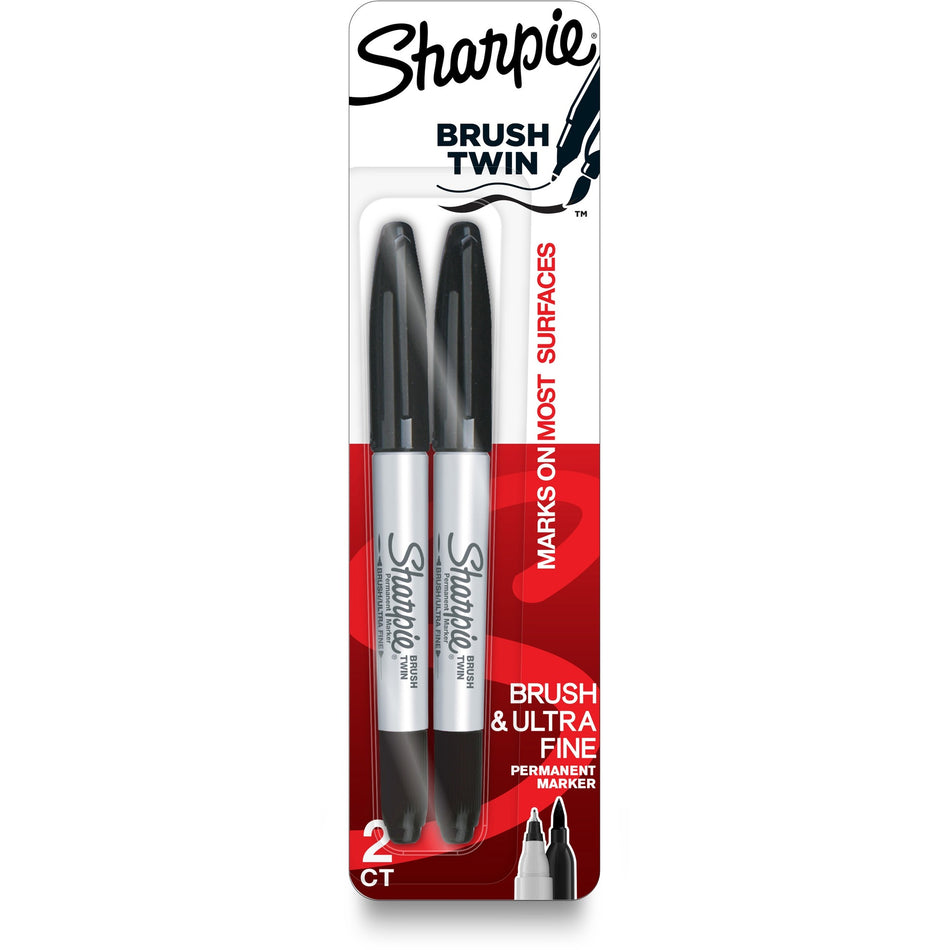 Sharpie Brush Twin Permanent Markers - Ultra Fine Brush Marker Point - Black Ink - 2 / Pack