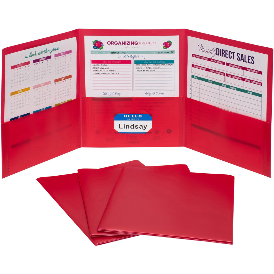 C-Line CLI-33944 Letter Portfolio - 8 1/2" x 11" - 75 Sheets Capacity - 3 Pocket(s) - Polypropylene - Red - 24 / Box