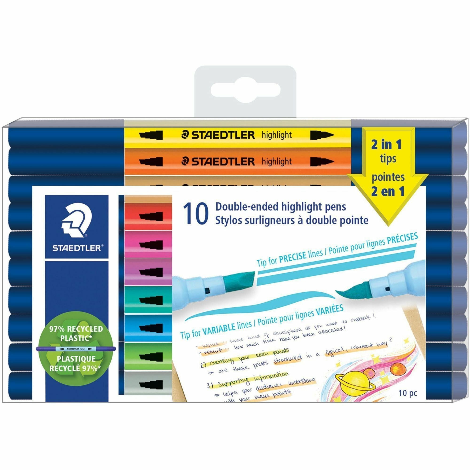 Staedtler Double-ended Highlighter Pens - Chisel, Brush Marker Point - Assorted Ink - Water Based - 10 / Pack