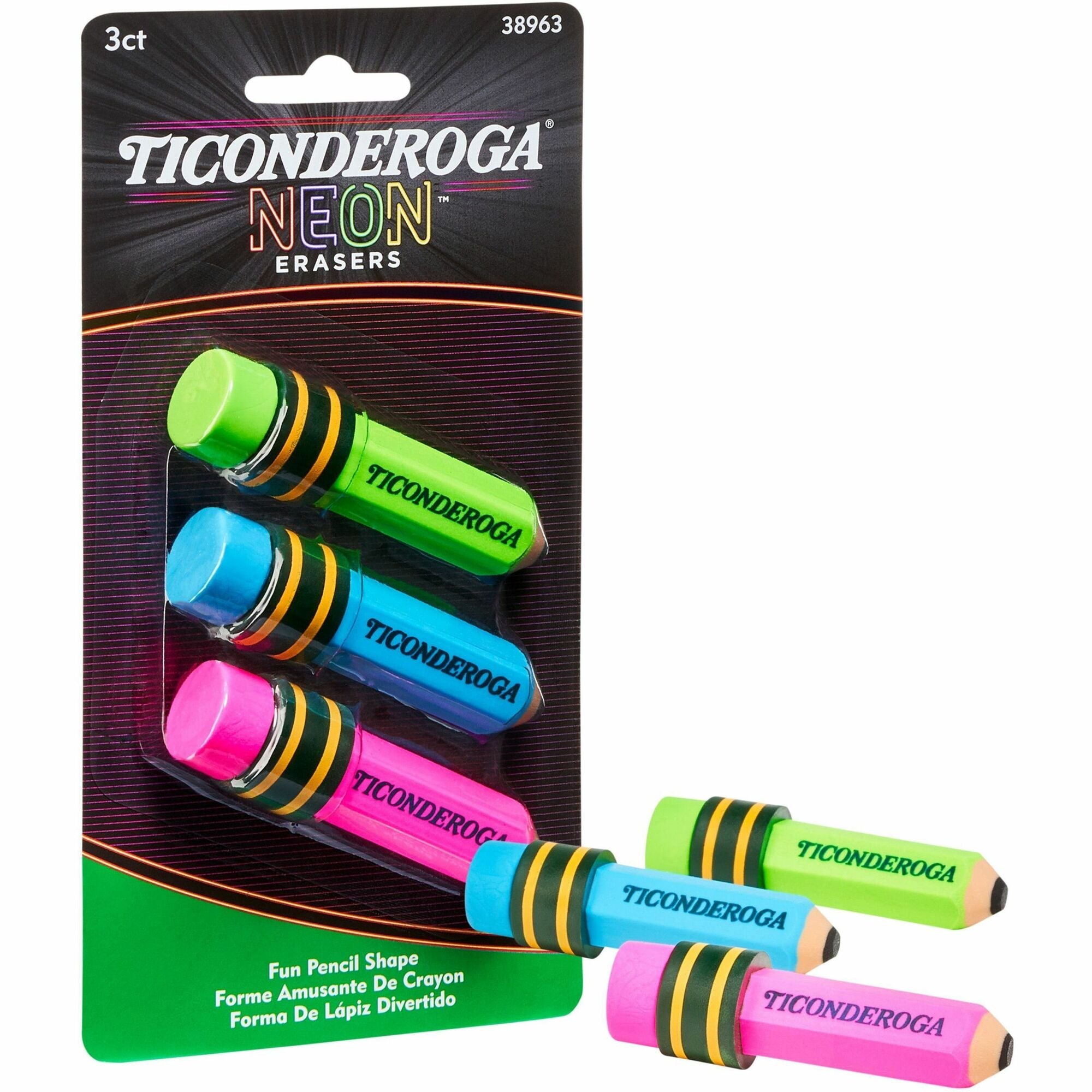 Ticonderoga Pencil-Shaped Erasers - Neon Assorted - Assorted Barrel - Pencil - 3 / Pack - Latex-free, Non-toxic, Smudge-free
