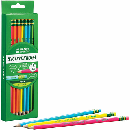 Ticonderoga Neon Pre-Sharpened No. 2 Pencils - Black, Assorted Neon Lead - #2 - Broad Point - Neon Barrel - 18 / Box